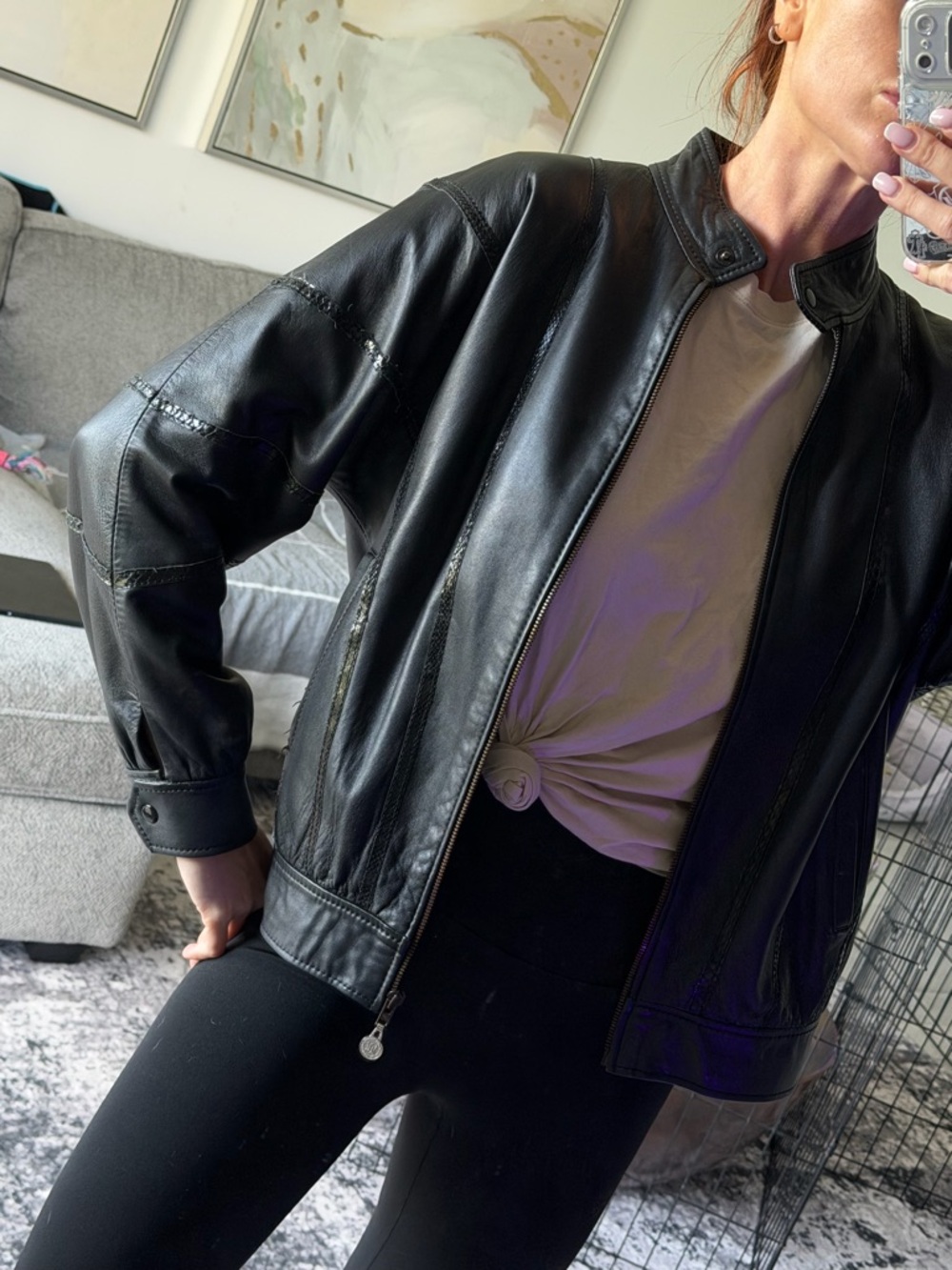 Genuine leather bomber jacket